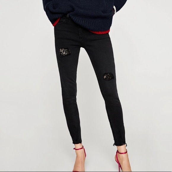 Zara Denim - Zara distressed lace embellished skinny jeans
